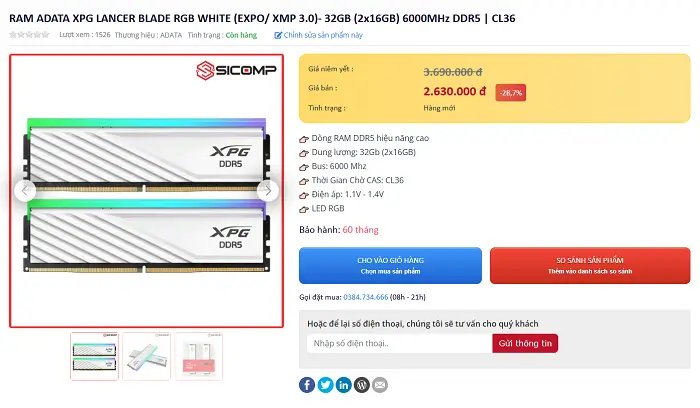 RAM Adata XPG Lancer Blade RGB White